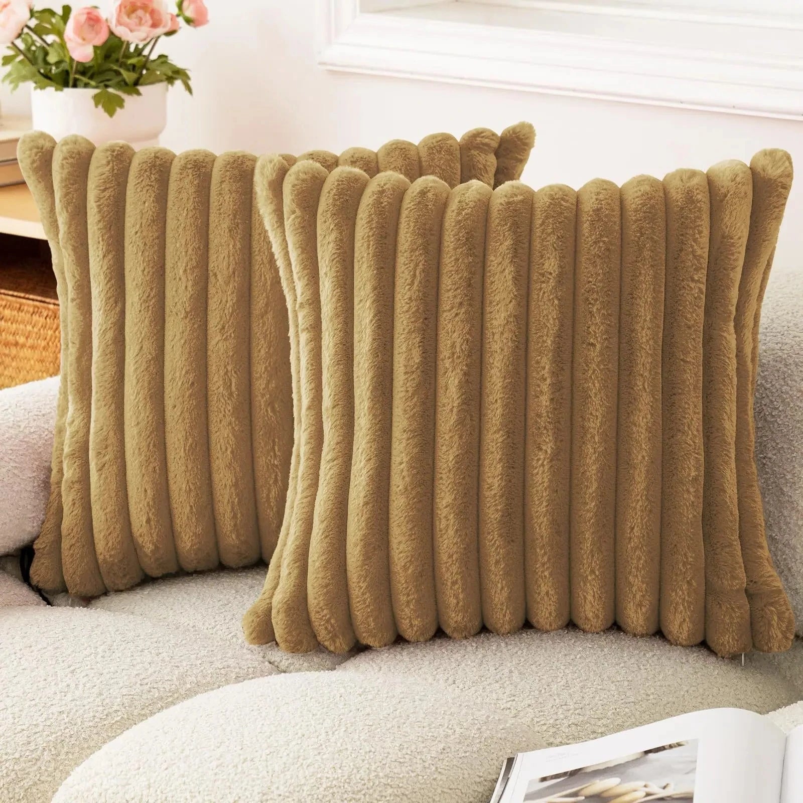 40X40 45X45 Faux Rabbit Fur Square Cushion Cover New Big Thick Striped Super Soft Solid Color Pillow Cover Sofa Decor Pillowcase