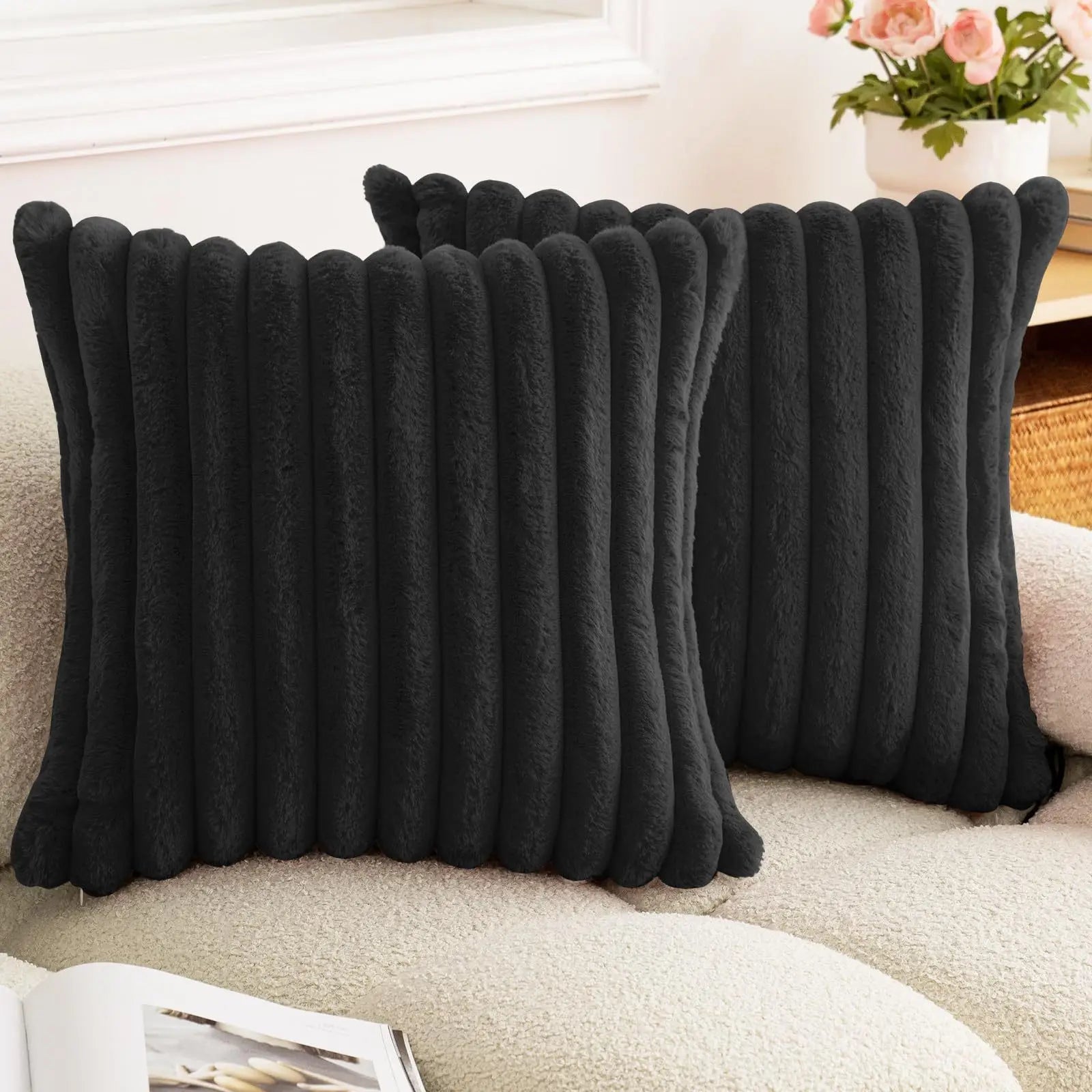 40X40 45X45 Faux Rabbit Fur Square Cushion Cover New Big Thick Striped Super Soft Solid Color Pillow Cover Sofa Decor Pillowcase