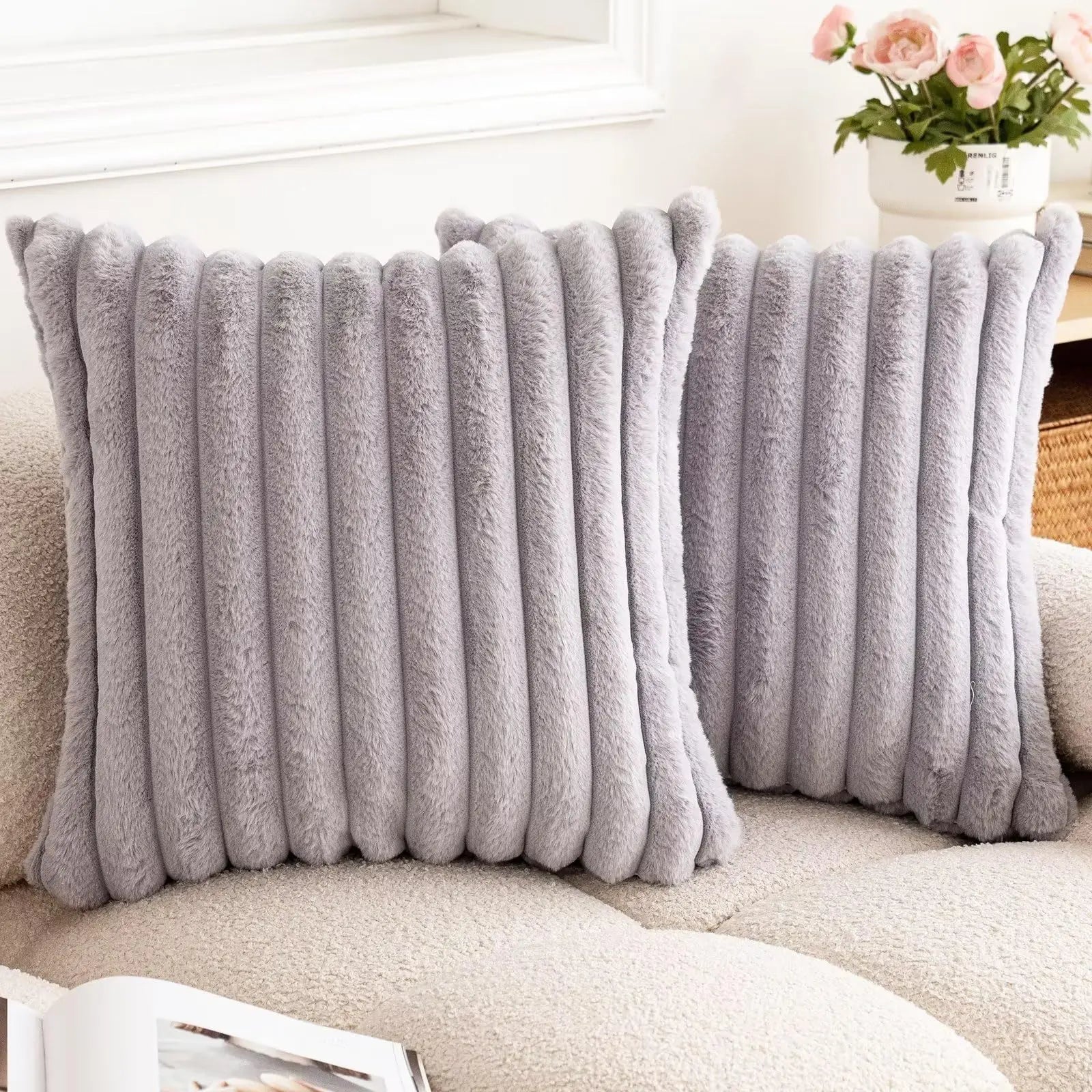 40X40 45X45 Faux Rabbit Fur Square Cushion Cover New Big Thick Striped Super Soft Solid Color Pillow Cover Sofa Decor Pillowcase