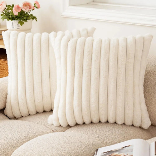 40X40 45X45 Faux Rabbit Fur Square Cushion Cover New Big Thick Striped Super Soft Solid Color Pillow Cover Sofa Decor Pillowcase