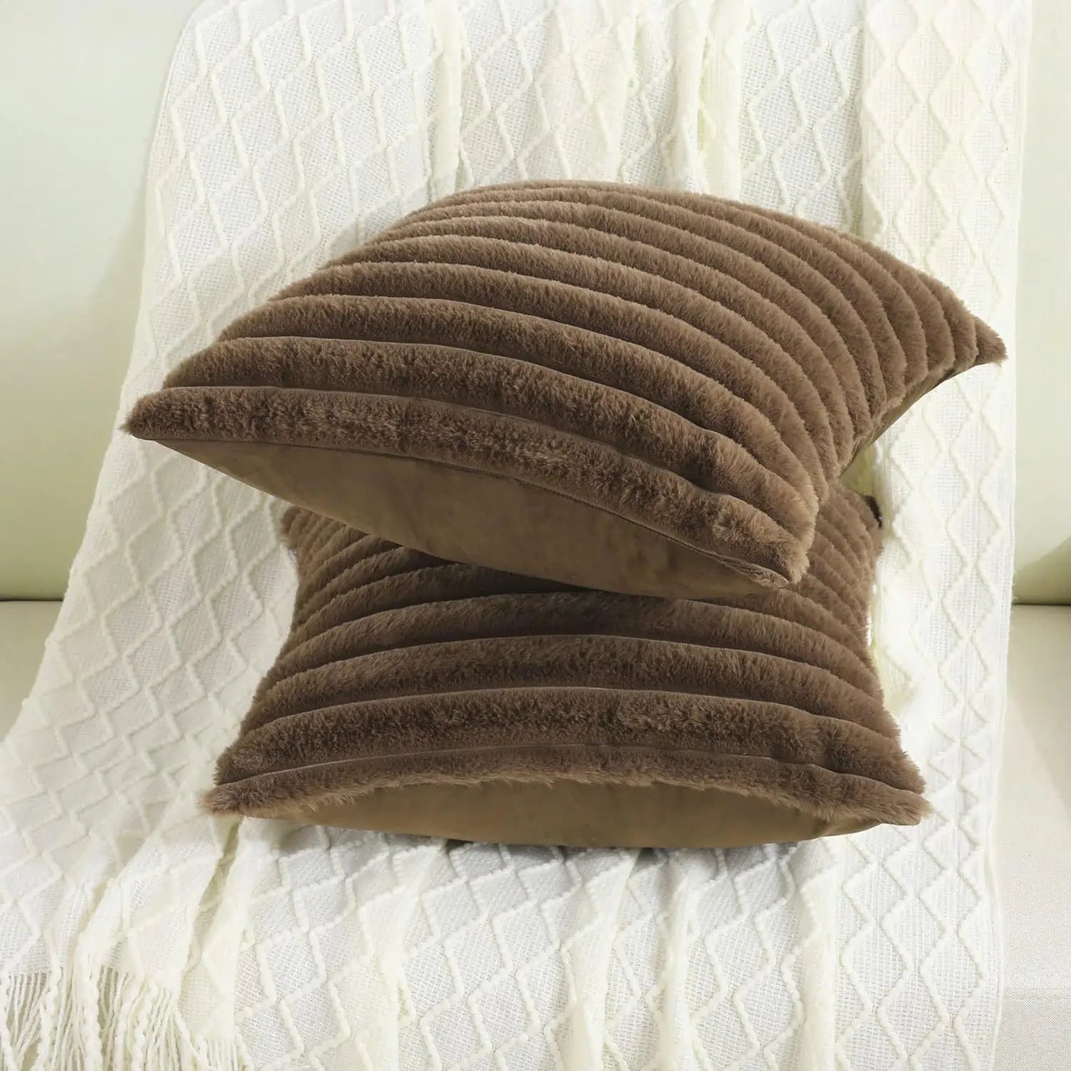 40X40 45X45 Faux Rabbit Fur Square Cushion Cover New Big Thick Striped Super Soft Solid Color Pillow Cover Sofa Decor Pillowcase